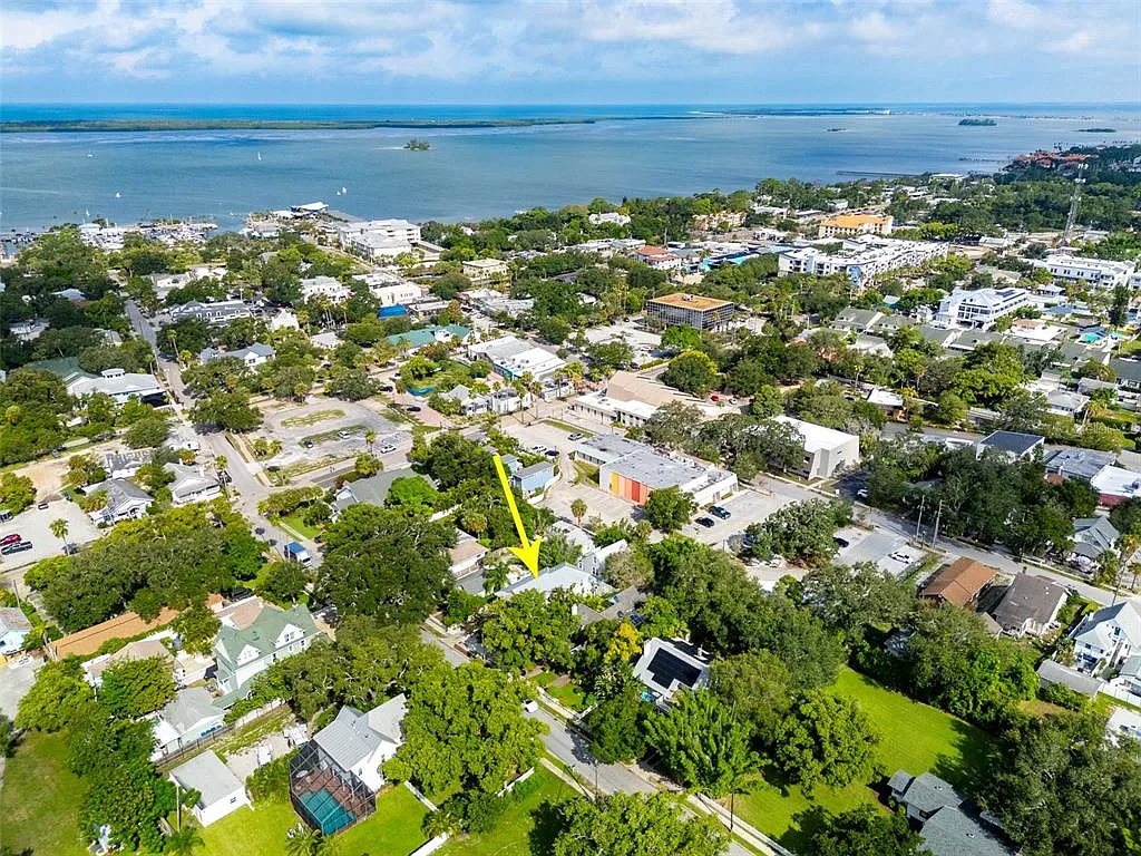 Aerial view of downtown Dunedin and Gulf Coast