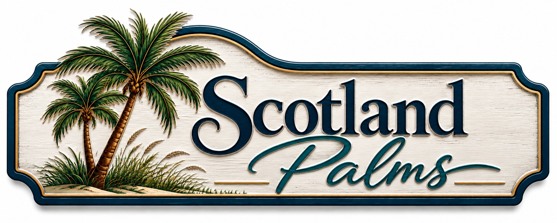 Scotland Palms signature sign with palm trees and Scottish tartan